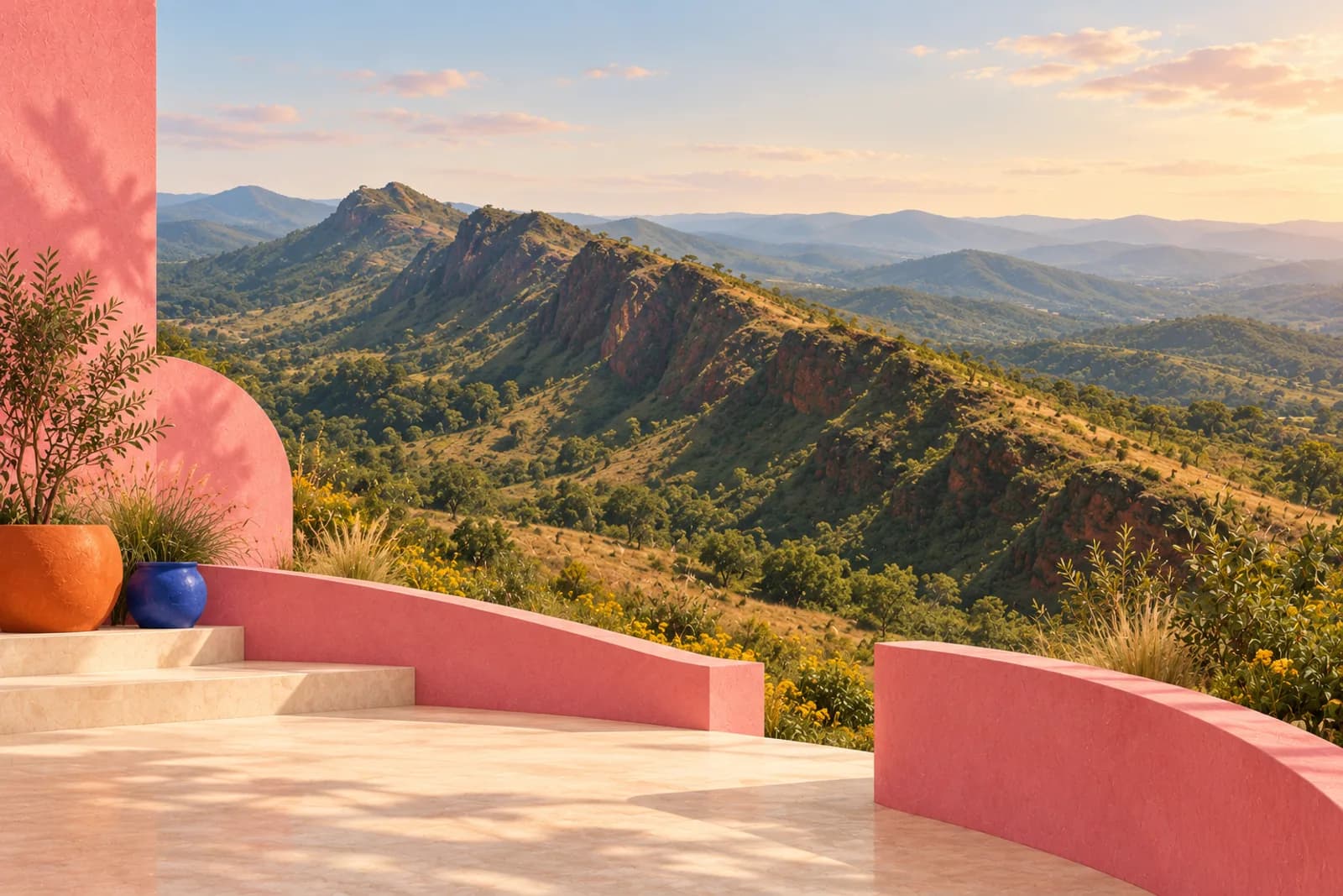 Pinx brand illustration inspired by the layered ridgelines of Minas Gerais, with pink architecture and Brazilian foliage.